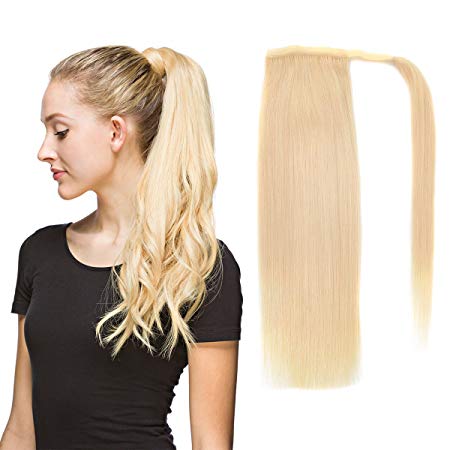 22" Human Hair Ponytail Wrap Around Clip in Ponytail Hair Extensions for Women Bleach Blonde(#613) 100g/3.5oz