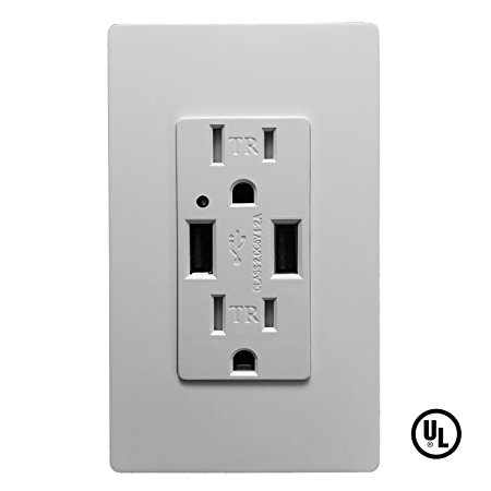 SECKATECH 4.2A Smart High Speed Dual USB Charger Wall Outlet, 15A Tamper Resistant Outlet,Charging Receptacle with 2 Free Wall Plates,White (UL Listed)