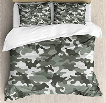 Ambesonne Camouflage Duvet Cover Set Queen Size, Monochrome Attire Pattern Camouflage Inside Vegetation Fashion Design Print, Decorative 3 Piece Bedding Set with 2 Pillow Shams, Grey Coconut