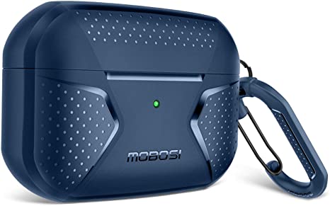 MOBOSI Net Series AirPods Pro Case Cover , Full-Body Rugged Shock Absorbing Protective Carrying Case Skin with Carabiner for Airpods Pro Wireless Charging Case, Dark Blue [Front LED Visible]