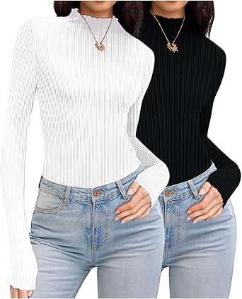 Ekouaer Turtleneck Shirt Women Ribbed Long Sleeve Shirts Lettuce Trim Mock Neck Tops Slim Fit Base Layer