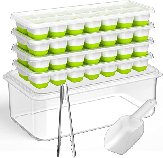 DOQAUS Ice Cube Tray with Lid and Bin [LFGB Certified BPA Free Ice Cube Maker& Container] Silicone Ice Cube Trays for Freezer, Stackable Ice Cube Moulds with Storage Ice Bin, Ice Tong & Scoop