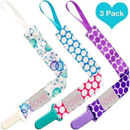 Lilly's Love Pacifier Leash Clip 3 Pack - Great for Girl or Boy