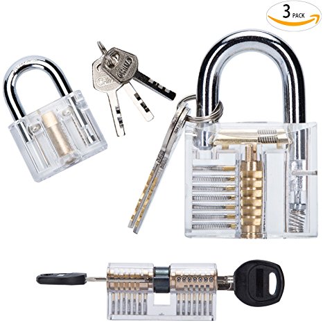 3-Pack Practice Lock Set, VIENNAGE Crystal Visible Cutaway of 3 Most Common Lock Types, For Locksmith Training Lock Pick Set,Includes 3 Different Types of Practice Padlock