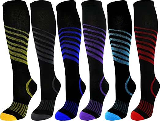 6 Pair Small/Medium Premium Quality Colorful Moderate Graduated Compression Socks 15-20 mmHg. Nurses, Running, Travel, Knee-High, Mens and Womens Style & Athletic Sport All Black Designs
