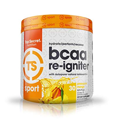 Top Secret Nutrition BCAA Re-Igniter Vegan Amino Acid Supplement with Astaxanthin and Electrolyte, Hydration Blend with Coconut water, 9.84 oz (30 servings), Pineapple Mango