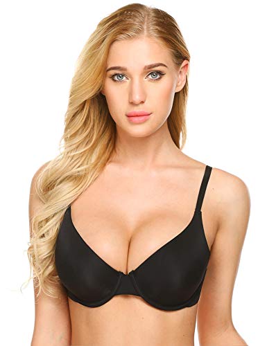 Ekouaer Bras for Everyday Basic Comfort Lightly Padded Underwire Plunge T-Shirt Bra 32A-38DD