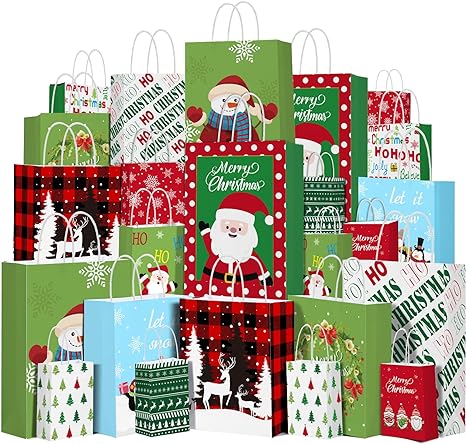 MOORAY 24 PackWhite Kraft Christmas Gift Bags Bulk with handles and Christmas Gift Tags-Assorted Sizes Set for Wrapping Xmas Holiday Presents (6 Extra Large,6 Large,6 Medium,6 Small)