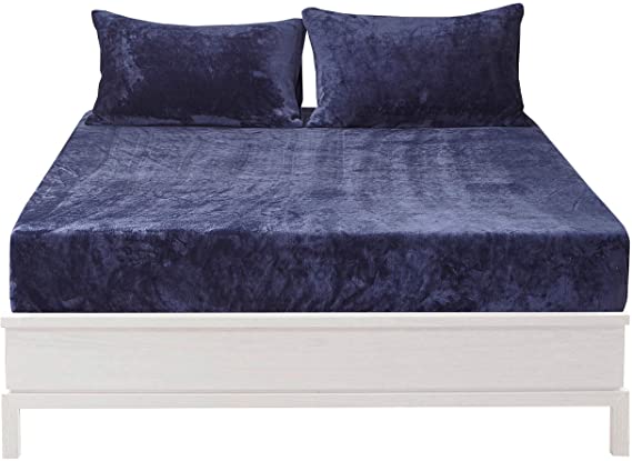 Jepson Fur Velour Flannel Fitted Bed Sheet Only 16 Inch Deep Pocket Stay On with Elastic Around Winter Warm Fuzzy Bottom Sheet,Queen Navy
