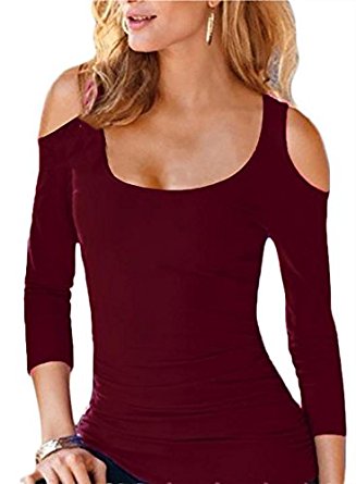 LouKeith Women Off Shoulder Stretch Short Long Sleeve Shirt Blouse Tops