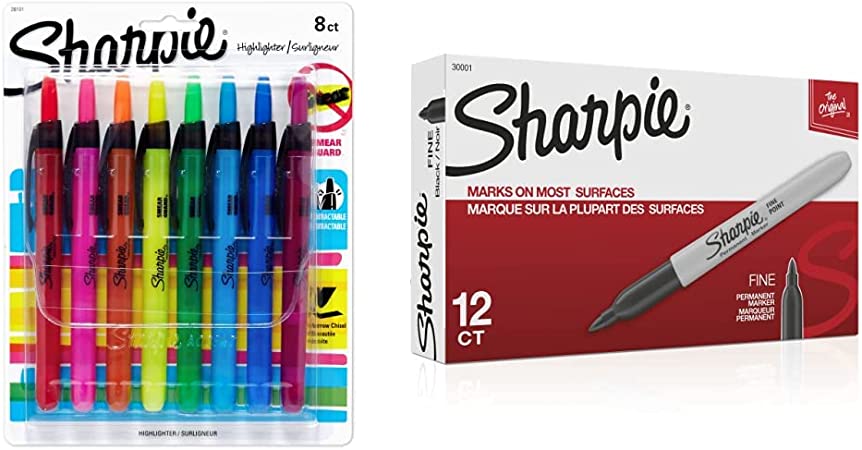 Sharpie Liquid Retractable Highlighters Assorted Colors | Chisel Tip Highlighter Pens, 8 Count & Sharpie Permanent Markers, Fine Point, Black, 12 Count