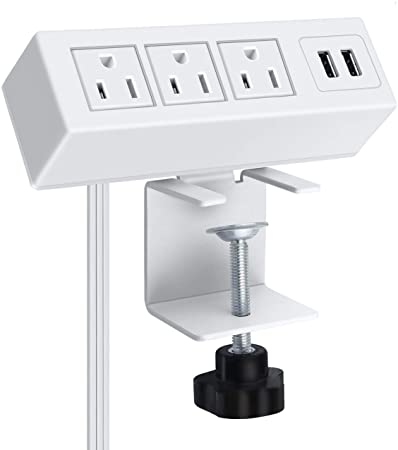 3 Outlet Desk Clamp Power Strip, Desktop Power Strip with USB Ports, Desk Mount USB Charging Power Station, on Desk Edge Power Outlet 125V 12A 1500W, 10 FT Desk Outlet Strip. (White)