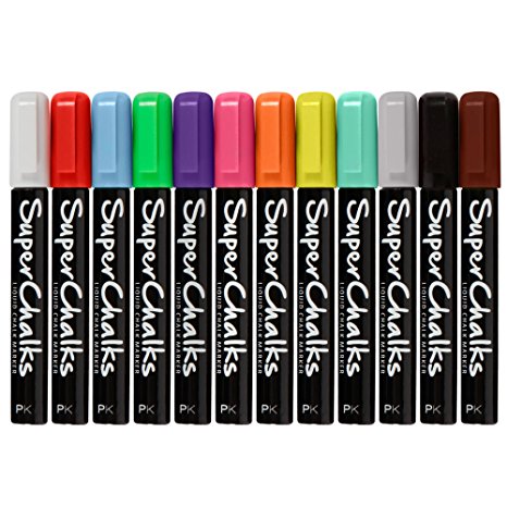 SuperChalks Multi Coloured Liquid Chalk Markers (12 Pack) - 4mm Reversible Tip - AKA Wet Erase Liquid Chalk Window Glass Pens