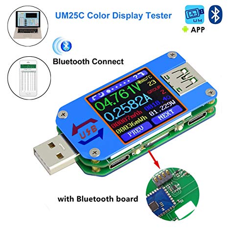 MakerHawk UM25C USB Tester, Bluetooth USB Meter, Type-C Current Meter, USB Power Meter, DC 24.000V 5.0000A, USB Cable Tester, 1.44 Inch Color LCD Multimeter, Voltage Detector, USB Load, QC 2.0 QC 3.0