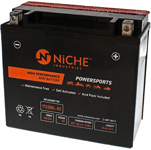 NICHE Replacement AGM Battery for YTX20HL-BS Yuasa Polaris Can-Am Honda Yamaha Suzuki Powersports ATV Motorcycle Snowmobile 310CCA 12V Self Activated Maintenance Free