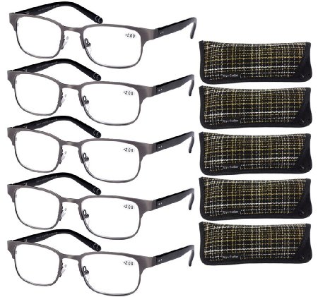 Eyecedar 5-Pack Metal Spring Hinges Reading Glasses Men Stainless Steel Frames Wayfarer Styles 5-Cloth Pouch Readers glasses  2.50