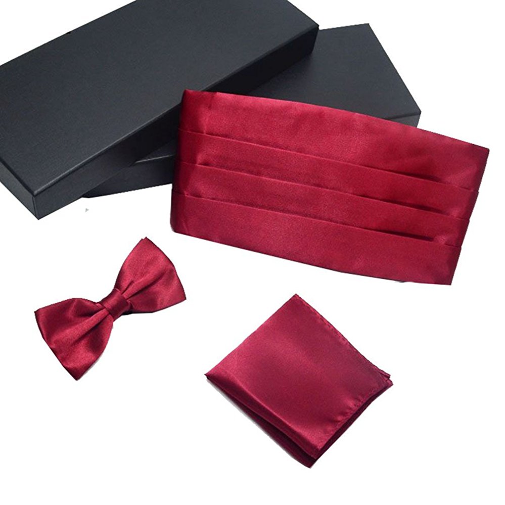 AWAYTR Formal Solid Pre-tied Bow Tie & Pocket Square & Cummerbund Set