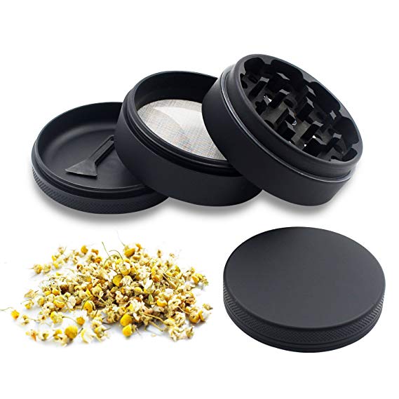 Herb Grinder, Qulable Portable Tobacco Spice Grinder with Pollen Scrape - 4 Pieces, 3 Chambers, 2.4" (Black)