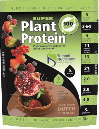 Organic Super Plant Protein: All In One Formula: 5 Enzymes: 21G Protein : Omega 3-6-9: 9 Anti-Oxidant Fruits: 13 Multi Vitamins and 11 Minerals:4g Fiber: 5 Billon Probiotics: 2 G BCAAs and Glutamines. Non GMO, Lactose Free, Natural Flavored Delicious Protein
