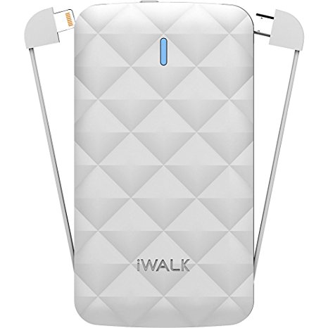 iWalk Duo UBO3000 3000mAh Rechargeable Backup Battery with Built in Lightning and Micro USB Charging Cables, White