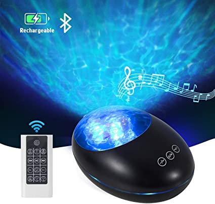Ocean Wave Projector Lamp Night Light with Remote Control and Timer, USB Rechargeable Bluetooth Projector Lamp with 7 Color Modes and 8 Ambient Nature Tunes for Kids Adults Room Party Decoration