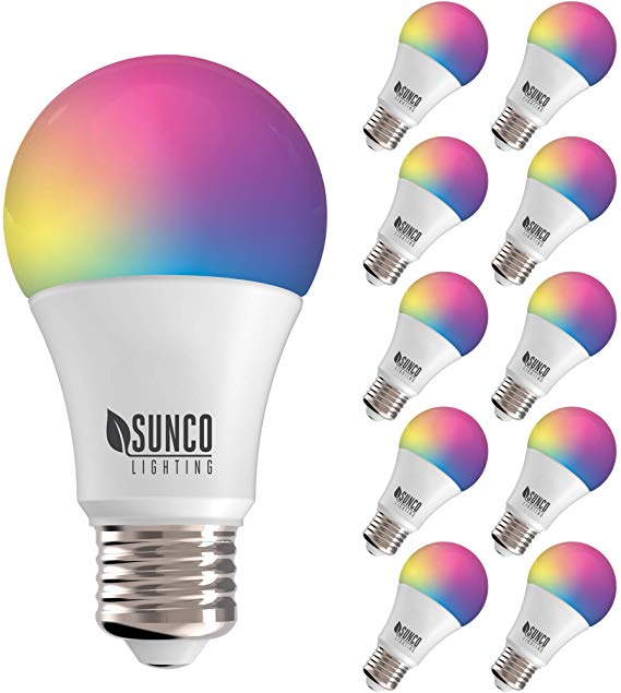 Sunco Lighting 10 Pack WiFi LED Smart Bulb, A19, 6W, Color Changing (RGB & CCT), Dimmable, 480 LM, Compatible with Amazon Alexa & Google Assistant - No Hub Required