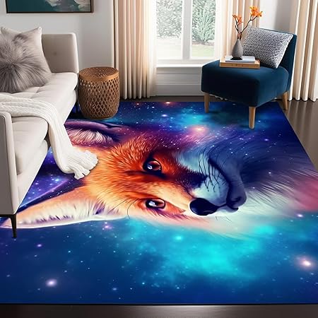 Galaxy Fox Rug 3D Cute Foxes Area Rugs for Bedroom Living Room Playroom Boys Kids Cartoon Colorful Carpet Glitter Stars Throw Rugs Floor Mat 59 in x 39 in