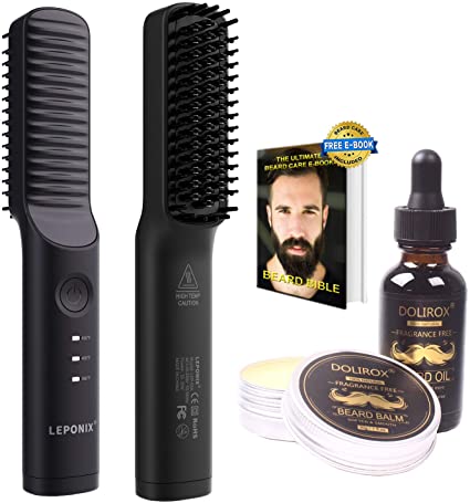 Beard Straightener,Ionic Hair Beard Straightener Brush w/Free Beard Growth Oil/Beard Balm/E-Book Men Hair Straightener Heated Beard Brush Beard Comb Beard Grooming kit for men Dad Him
