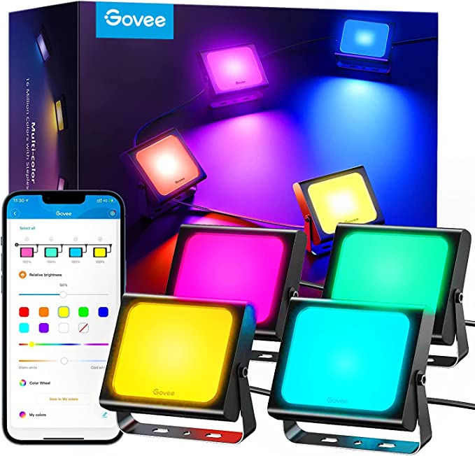 Govee Flood Lights Outdoor 4 Pack, 2200-6500K Dimmable RGBIC Warm White and Daylight, Smart WiFi APP Control, Work with Alexa, IP66 for Garden Lawn