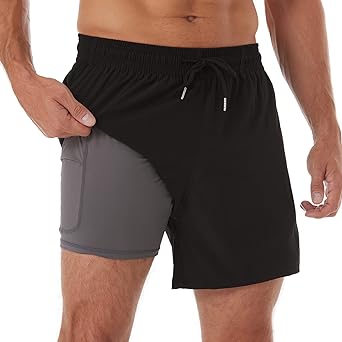 BRISIRA Swim Trunks Men Quick Dry Swim Shorts 5 inch Inseam Stretch Water Beach Shorts with Compression Liner Zipper Pocket