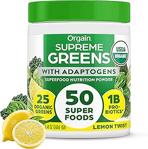 Orgain Supreme Greens Powder with 25 Organic Greens, 50 Superfoods, 1 Billion Probiotics, and Adaptogens, Vegan Greens for Gut Health and Immune Support, 1.5 Servings of Fruit and Veggies, Lemon Twist