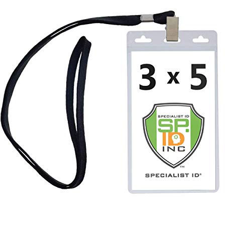 10 Pack - Large 3x5 Inch Large Clear Vertical Badge and Credential Holders with Lanyards for VIP Badges by Specialist ID (Black)