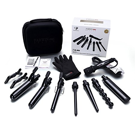 PARWIN PRO Curling Wand Set Diamond Tourmaline Ceramic 7-in-1 Dual Voltage 7 Interchangeable Barrels Curling Iron Set with Heat Resistant Glove and Travel bag, Black