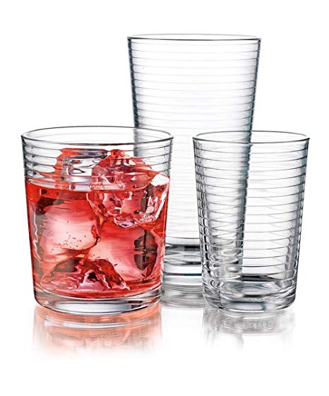 Durable Drinking Glasses [Set of 18] Glassware Set Includes 6-17oz Highball Glasses, 6-13oz Rocks Glasses, 6-7 oz Juice Glasses| Heavy Base Glass Cups for Water, Juice, Beer, Wine, and Cocktails