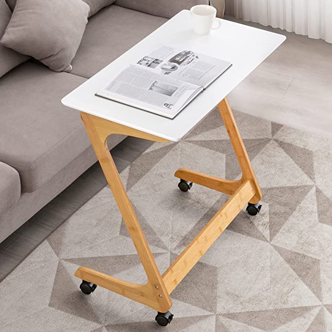 Nnewvante TV Tray Table with Wheels Sofa Side Table with Casters Couch Laptop Desk End Table Snack Tray for Living Room Bedroom Small Spaces White Bamboo Large 29.5'' x 15.8''