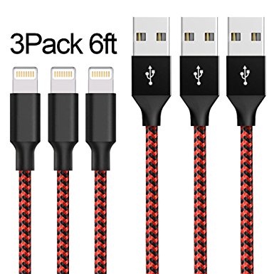 AOFU Lightning Cable,iPhone Cable iPhone Charger 3Pack 6FT Braided Cord to USB Charging for iPhone 7/7 Plus/6/6 Plus/6S/6S Plus,iPad,iPod Nano 7 (BlackRed)