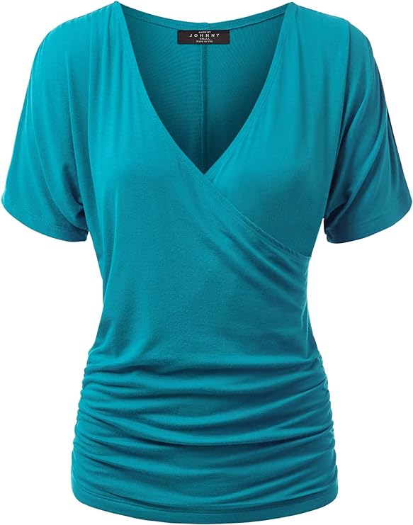 Made by Johnny Women's V Neck Short Sleeve Wrap Front Drape Dolman Tunic Top