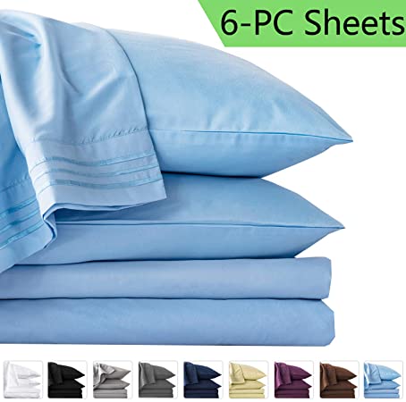 LIANLAM Queen 6 Piece Bed Sheets Set - Super Soft Brushed Microfiber 1800 Thread Count - Breathable Luxury Egyptian Sheets Deep Pocket - Wrinkle and Hypoallergenic(Queen, Lake Blue)