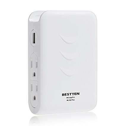 Bestten Wall Outlet Surge Protector with Dual USB Charging Ports (3.1A) and 4 Outlets, Top Cell Phone Dock, Portable for Travel or Home/Office Use (2U4A)