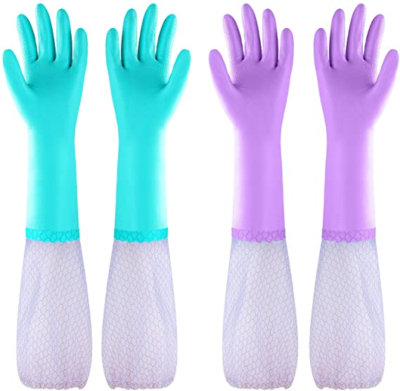 Reusable Dishwashing Cleaning Gloves with Latex Free, Long Cuff,Cotton Lining,Kitchen Gloves 2 Pairs (Large, Purple Blue)