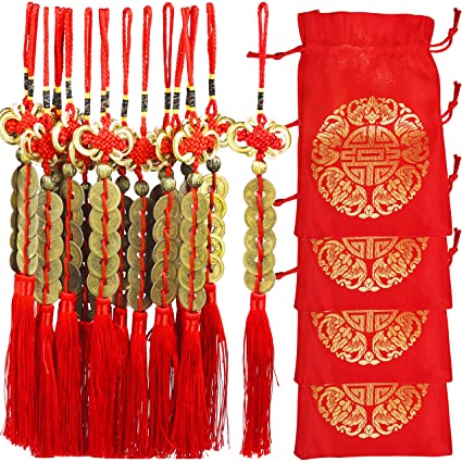 16 Pcs Chinese Five Coins Feng Shui Tassel Hanging Fortune Coin with Red Chinese Knot Tassel Good Luck Charm Lucky Charm and fu Bags for Wealth Health Success Chinese New Year Decoration