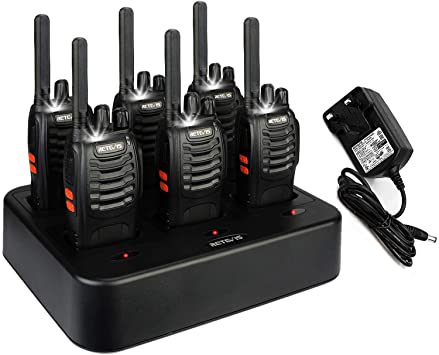 Retevis H777 Plus Walkie Talkies Rechargeable, 2 Way Radio with Six Way Charger, PMR446 License-free 16 CH, LED Flashlight VOX, Handled Walkie Talkie for Restaurant,School,Nursing Home(Black, 6 Pcs)