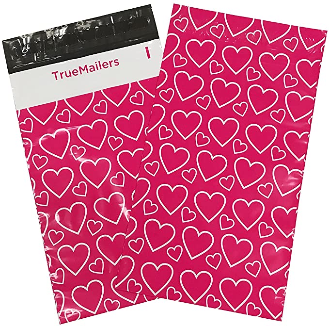 10x13" Hot Pink Poly Mailer with Hearts 100 per Bag (Hot Pink Poly Mailer with Hearts, 10" x 13")