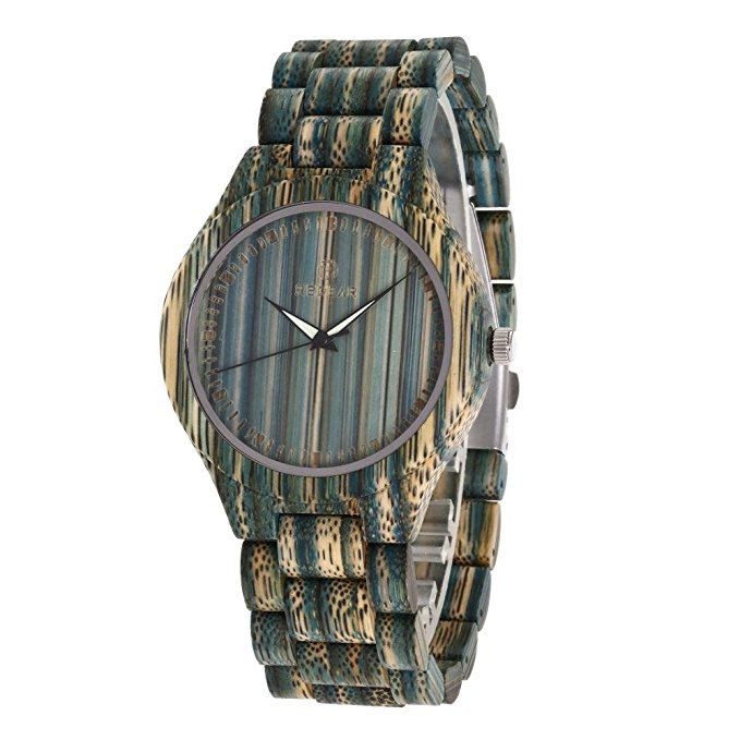 Ideashop Men's Bamboo Wooden Watch Colorful Dark Green Bamboo Strap Japanese Quartz Movement Casual Watches