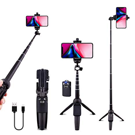 Selfie Stick Tripod Bluetooth, LATZZ 40 Inch Extendable Phone Tripod Monopod with Wireless Remote Shutter and Tripod Stand Compatible iPhone X/8/8P/7/7P/6/6P/Galaxy Note 8/S9 /S9, More