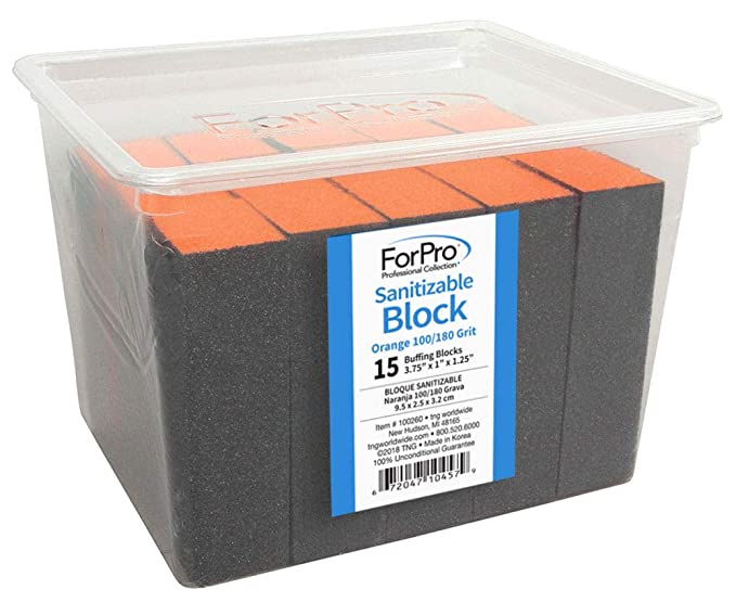 ForPro Sanitizable Orange Block, 100/180 Grit, Three-Sided Manicure & Pedicure Nail Buffer, 3.75” L x 1.25” W x 1” H, 15Count