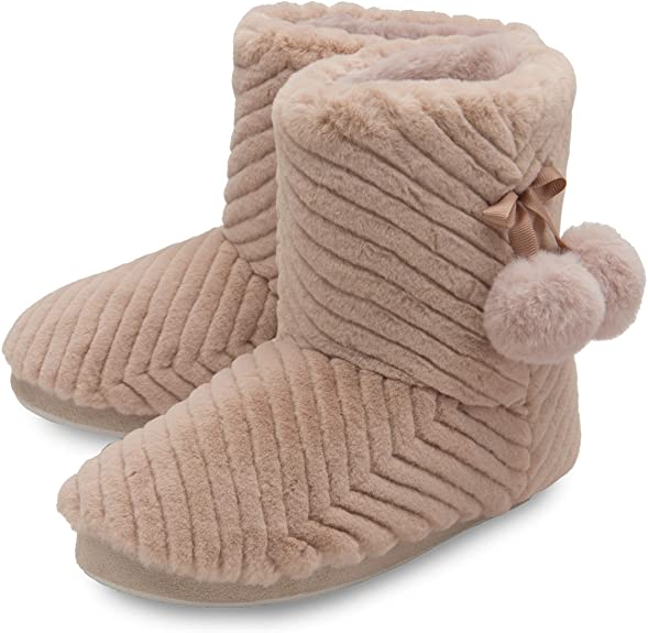 Dunlop Ladies Womens Slippers Full Bootie Boots Faux Fur Memory Foam Sizes 3-8