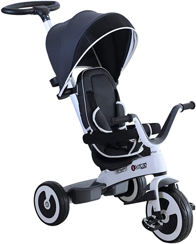 HOMCOM Triciclo Bebé Plegable 4 en 1 Trolley Trike Bicicletas para Niños  18 Mes Evolutivo Capota Barra Desmontable Control Parental Juguete Aprendizaje