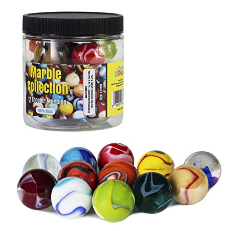 My Toy House Shooter Glass Marbles with Marble Jar For Storage, Set of 12, 1-inch, Assorted Colors