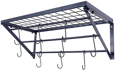 AnRui Kitchen Pot Rack Wall Mounted Pan Pot Organizer Pot and Pan Storage Shelf with 3 Tier Hanging Rails with Hooks forfor Kitchen Cookware Utensils Organization Books Plant, Black